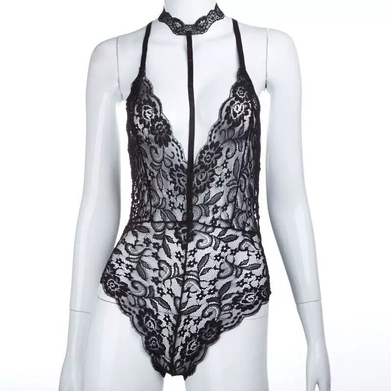 The Deep V – Sheer Lace Bodysuit in a Sculpted Silhouette