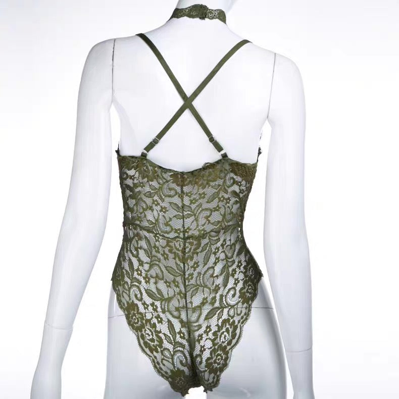 The Deep V – Sheer Lace Bodysuit in a Sculpted Silhouette